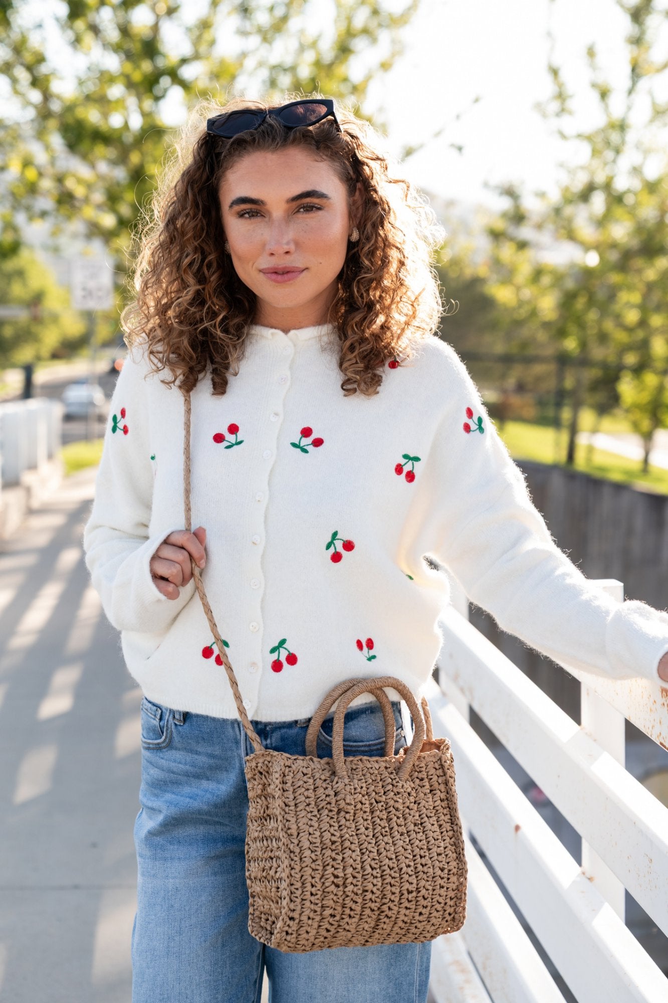 Evanston Cardigan in Cream Cherries Clothing Holley Girl