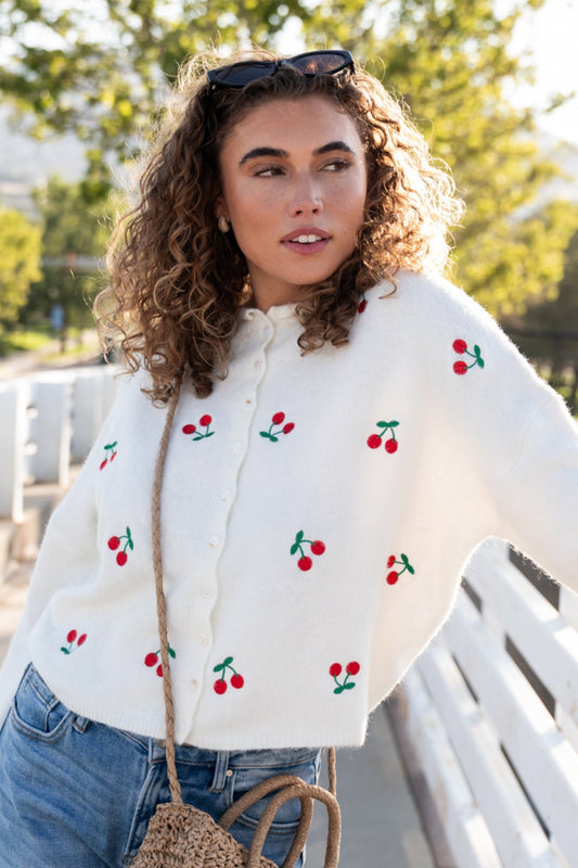 Evanston Cardigan in Cream Cherries Clothing Holley Girl