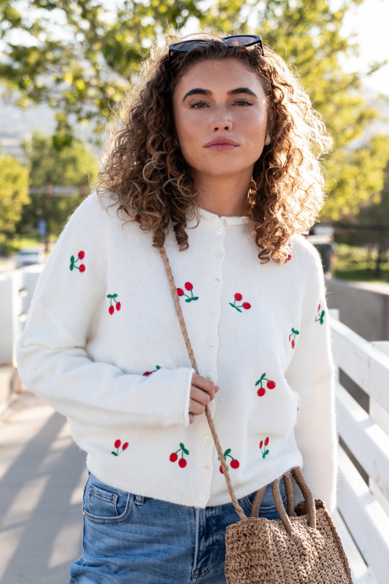 Evanston Cardigan in Cream Cherries Clothing Holley Girl