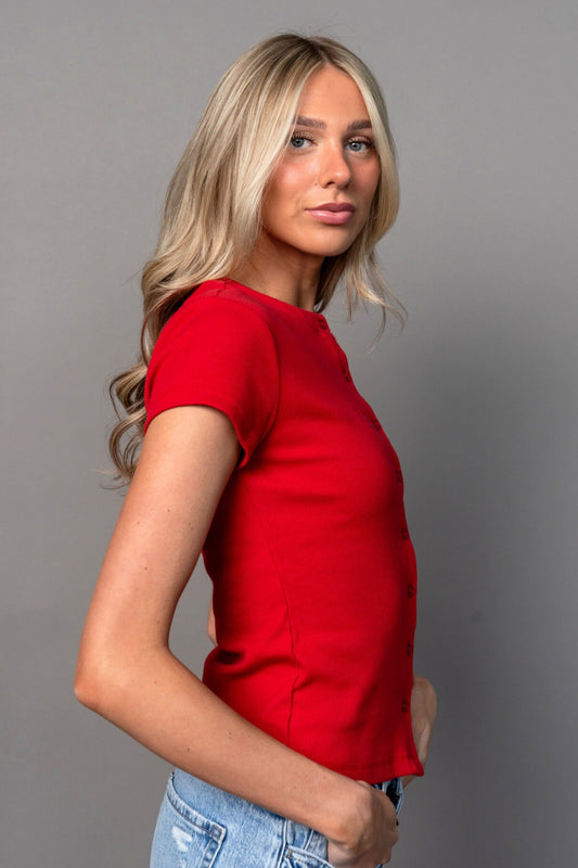Talia Button Up Tee in Ruby Clothing Holley Girl
