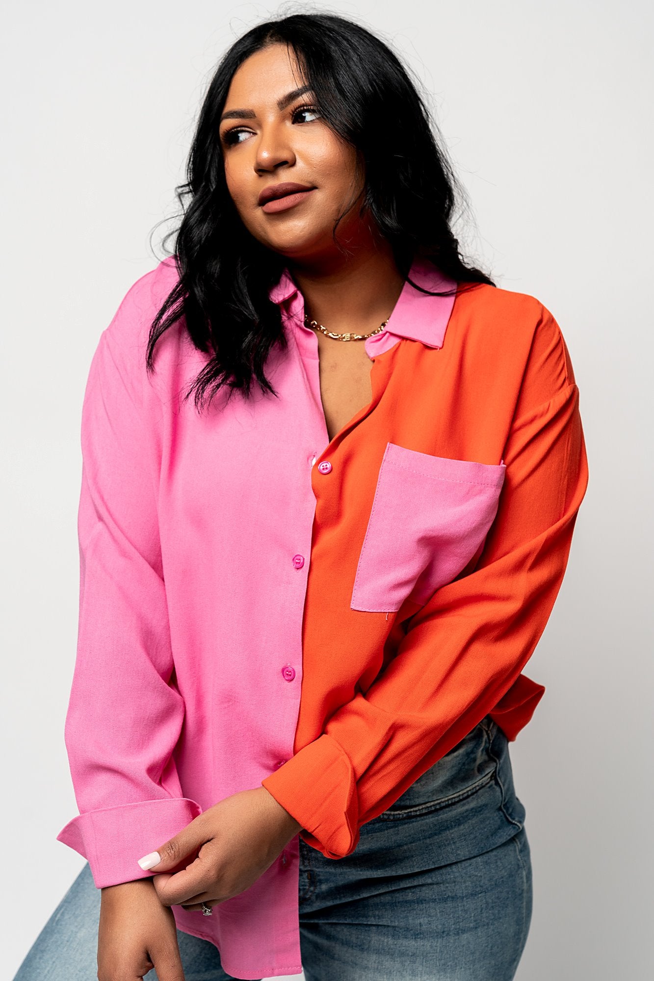 Color Block Button Down Shirt - Pink/Orange