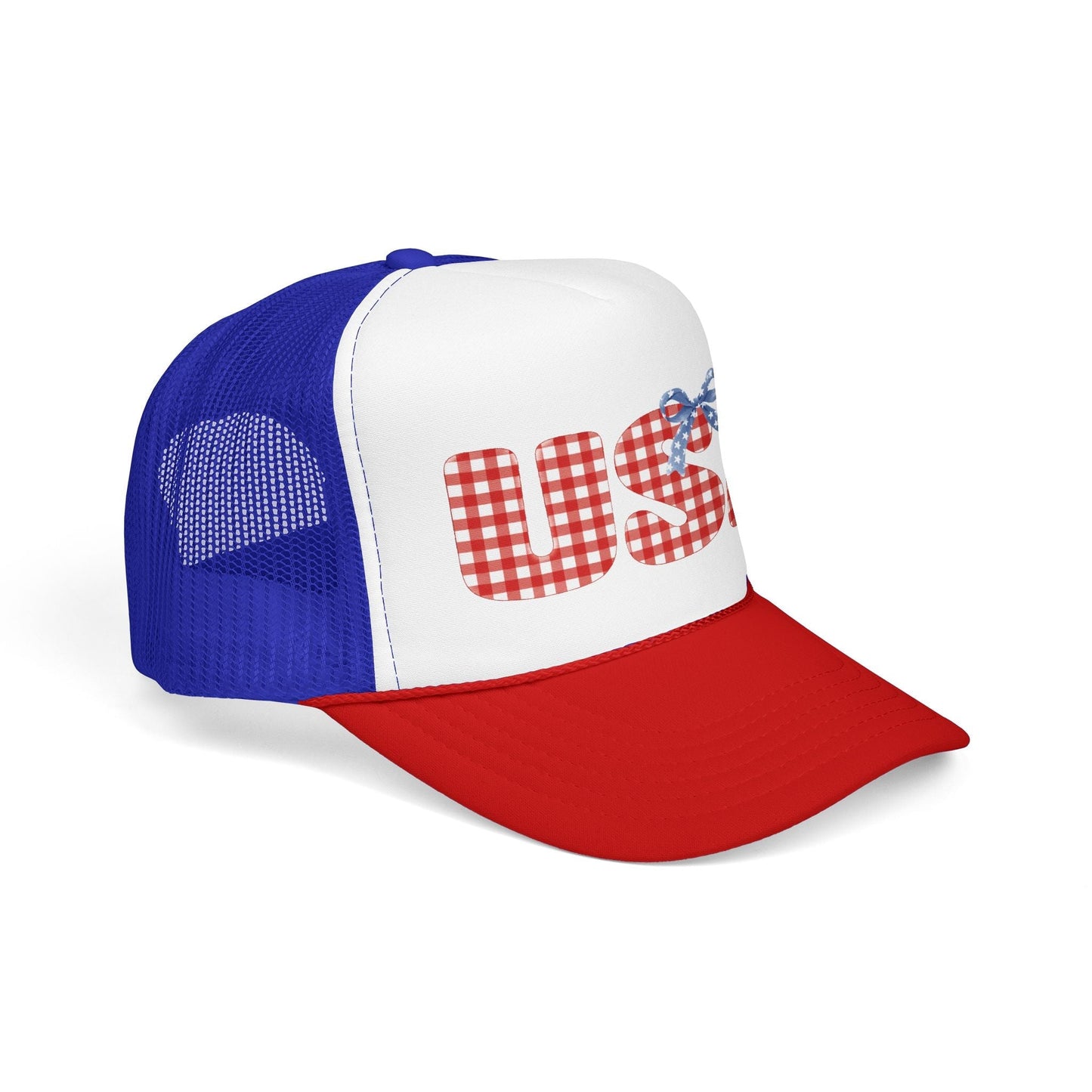 USA Gingham Trucker Hat — Patriotic Foam Cap with Bow Hats Printify 