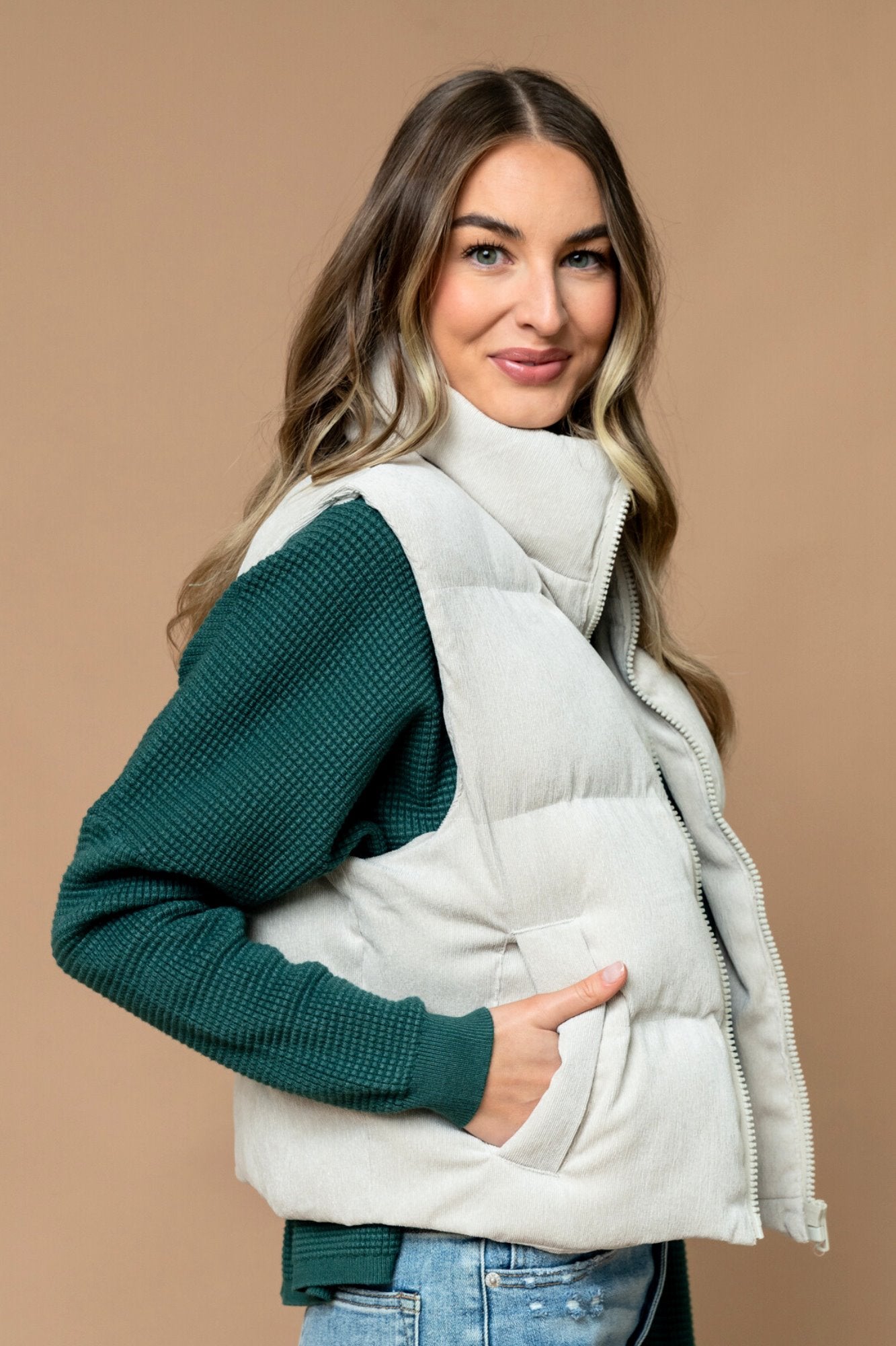 Boone Puffer Vest in Oatmeal Clothing Holley Girl 