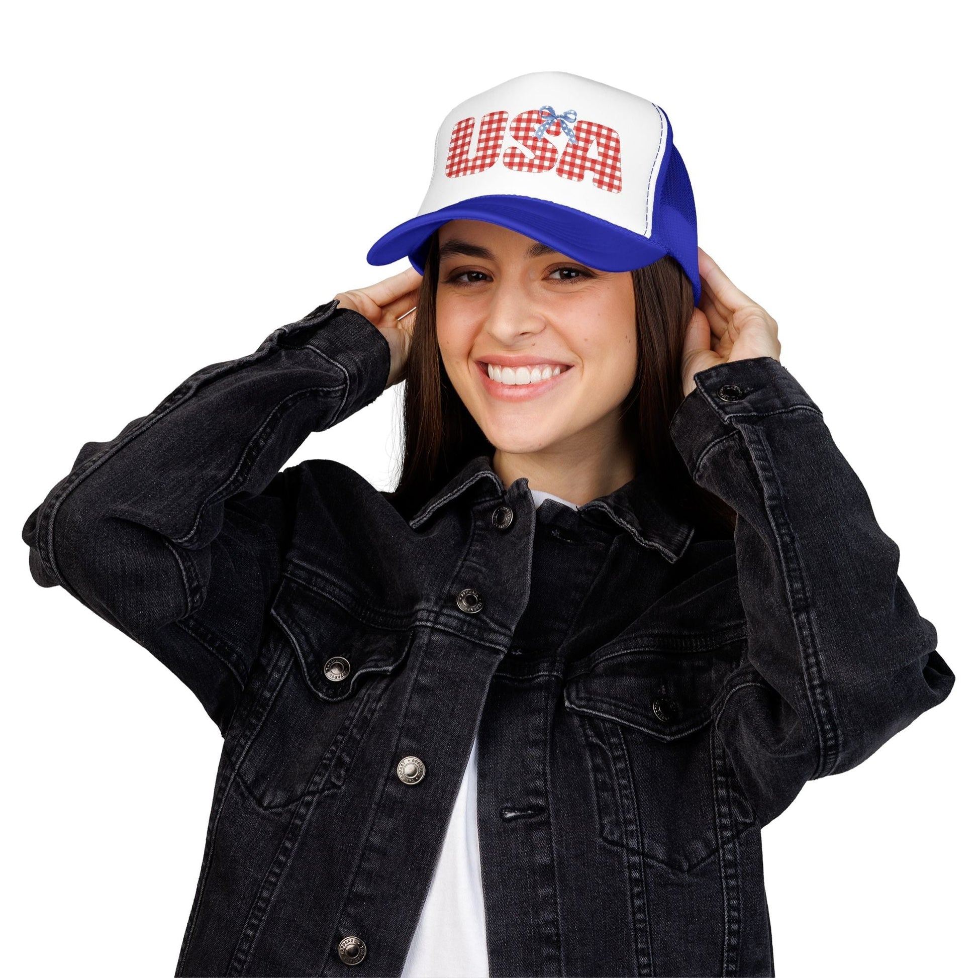 USA Gingham Trucker Hat — Patriotic Foam Cap with Bow Hats Printify 