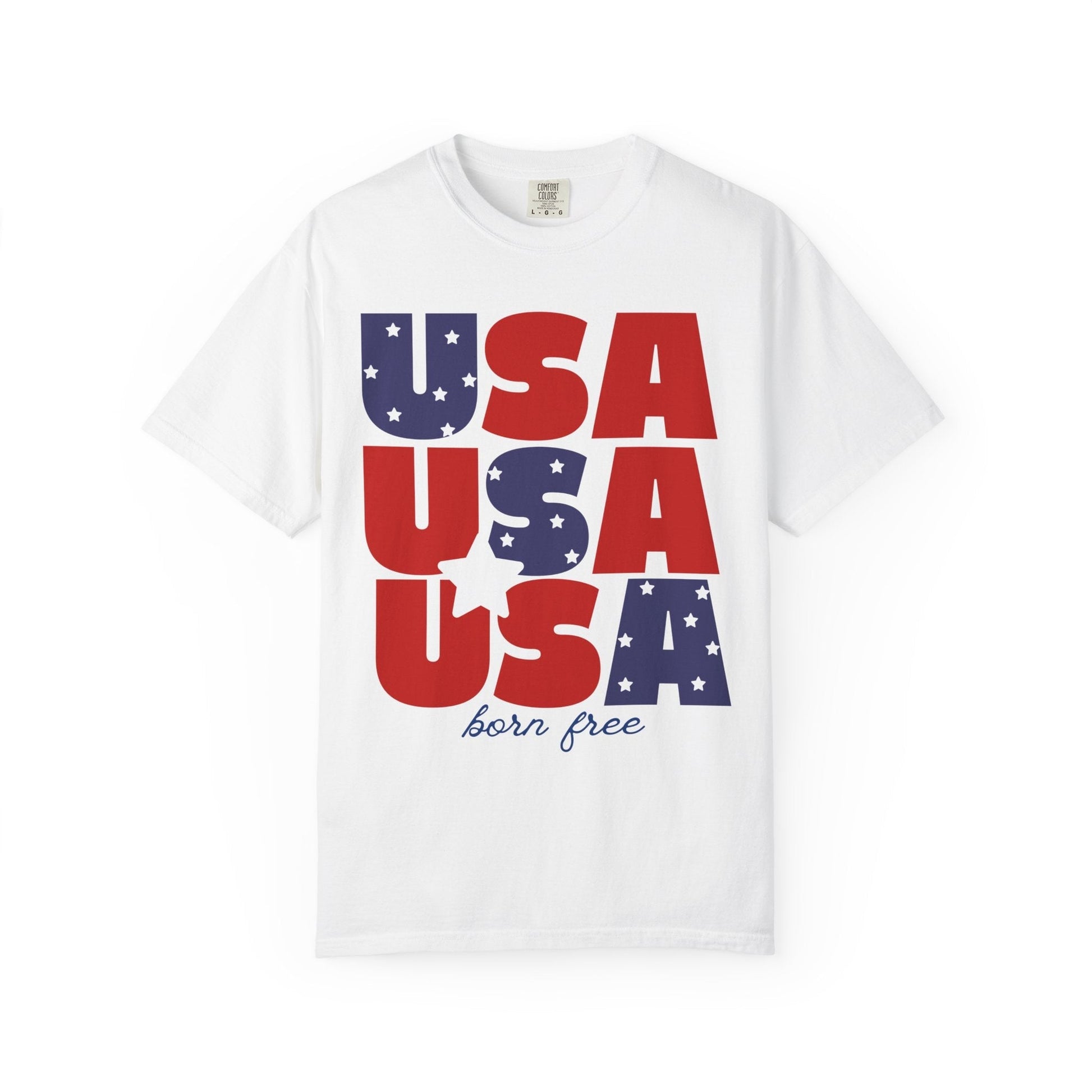 USA Born Free T-Shirt — Patriotic Red White Blue Tee T-Shirt Holley Girl 