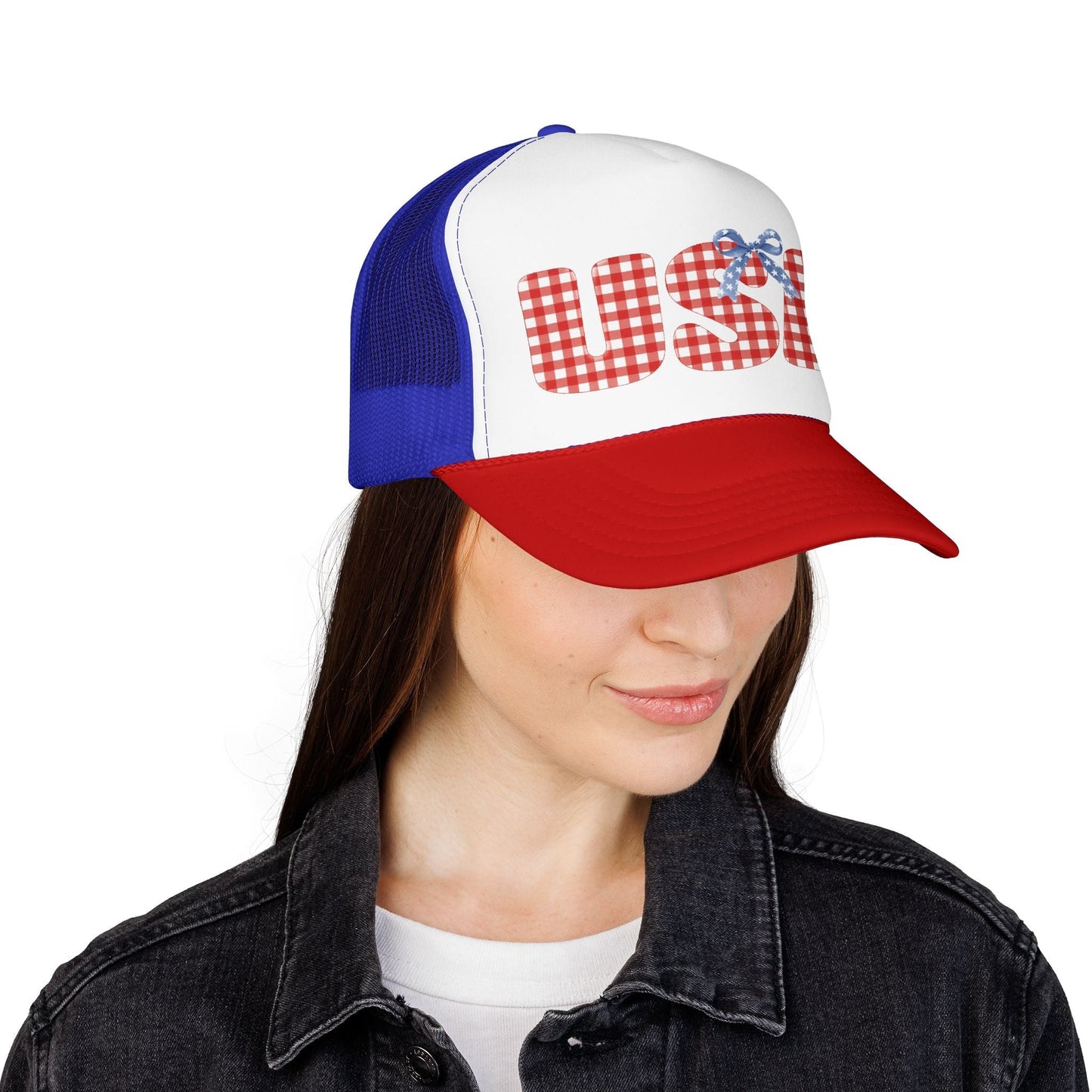 USA Gingham Trucker Hat — Patriotic Foam Cap with Bow Hats Printify 