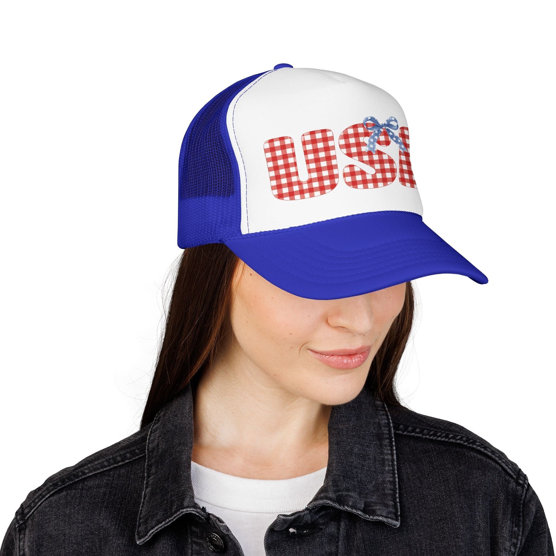 USA Gingham Trucker Hat — Patriotic Foam Cap with Bow Hats Printify 