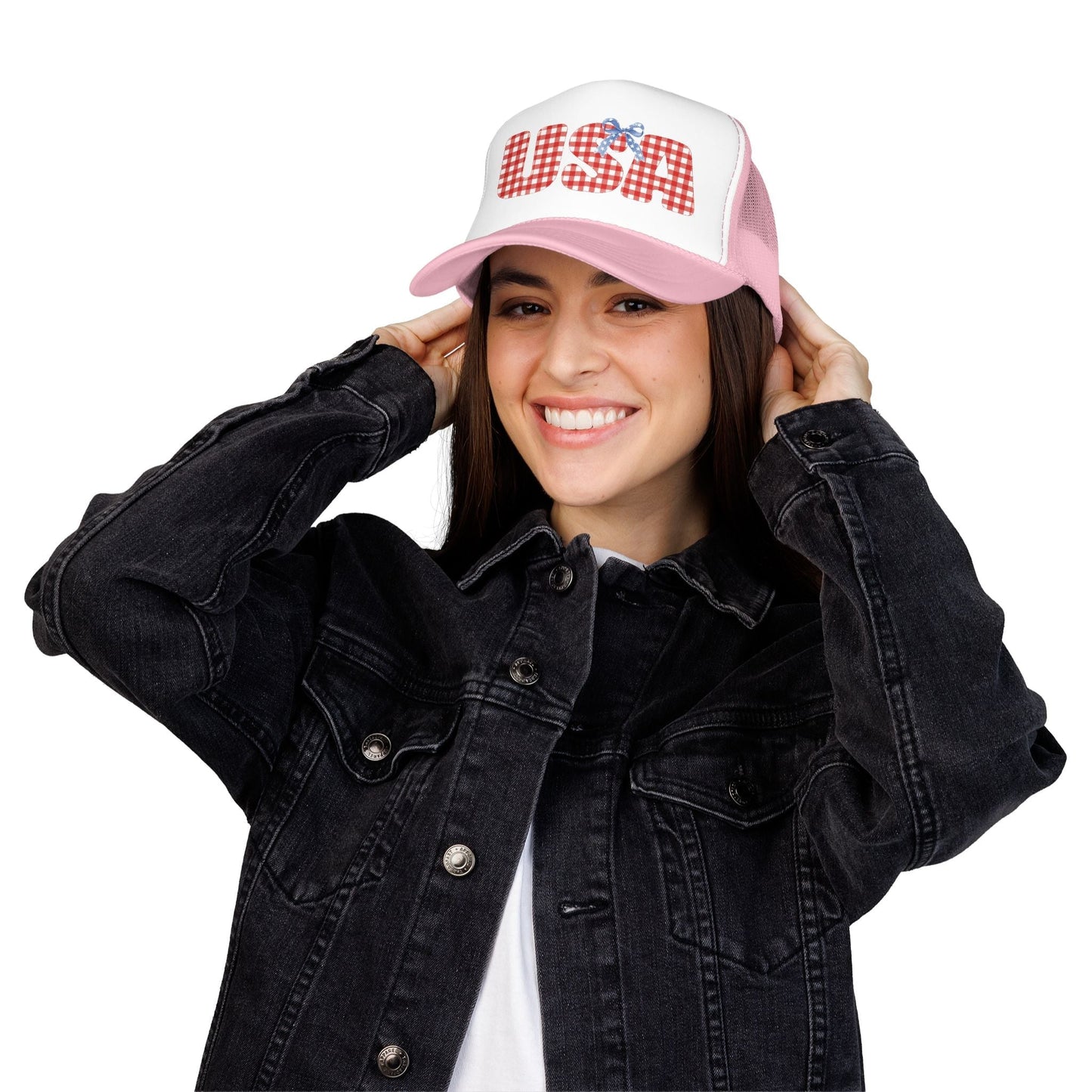 USA Gingham Trucker Hat — Patriotic Foam Cap with Bow Hats Printify 