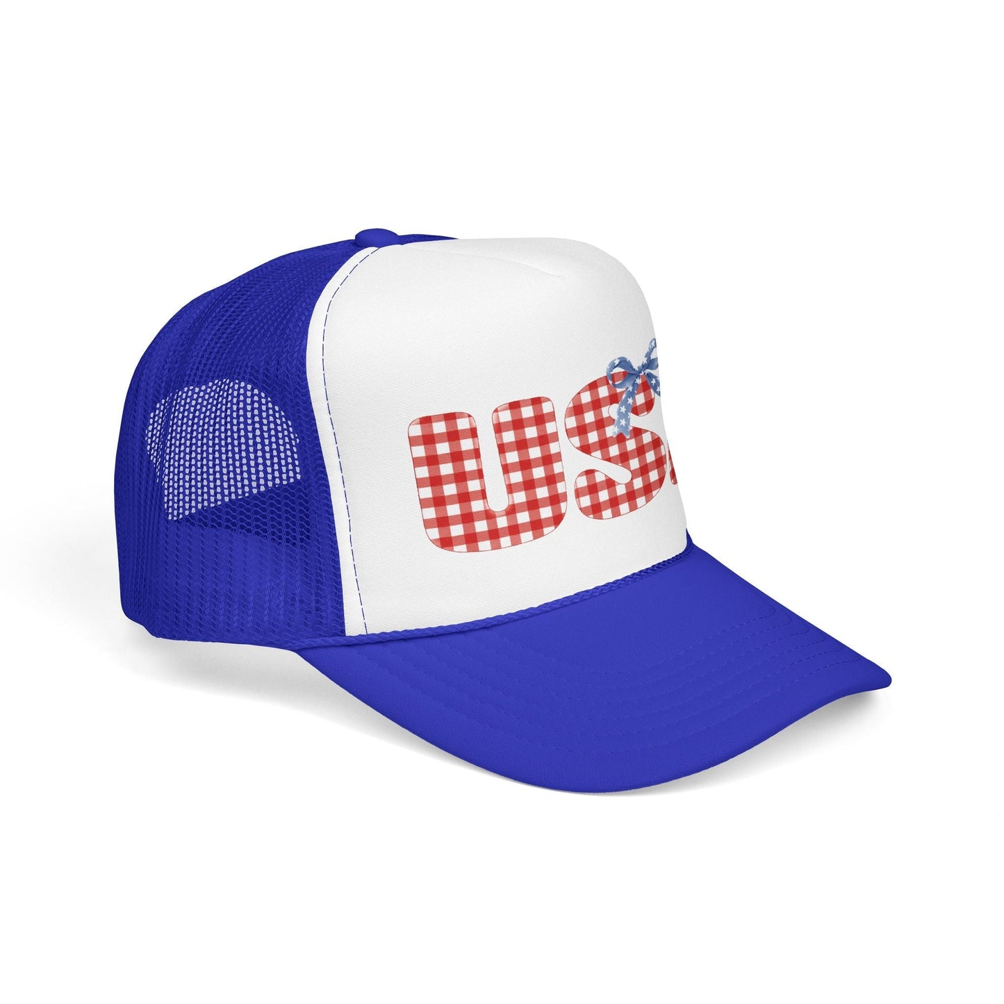 USA Gingham Trucker Hat — Patriotic Foam Cap with Bow Hats Printify 
