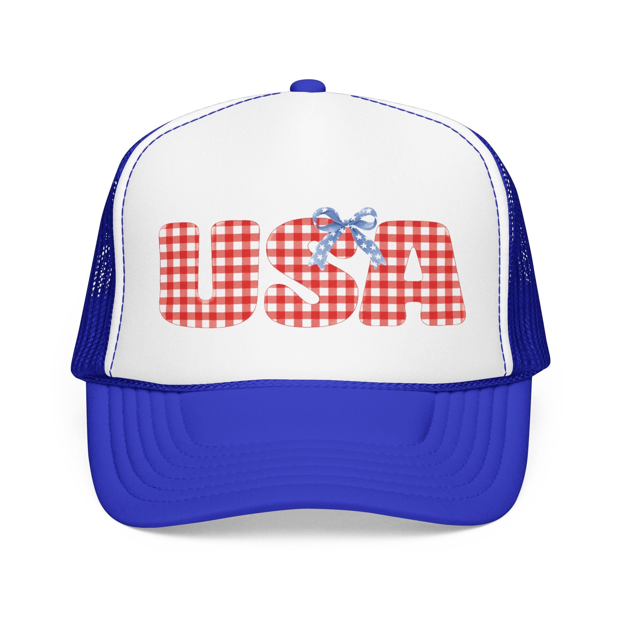 USA Gingham Trucker Hat — Patriotic Foam Cap with Bow Hats Printify Royal / White / Royal One size 