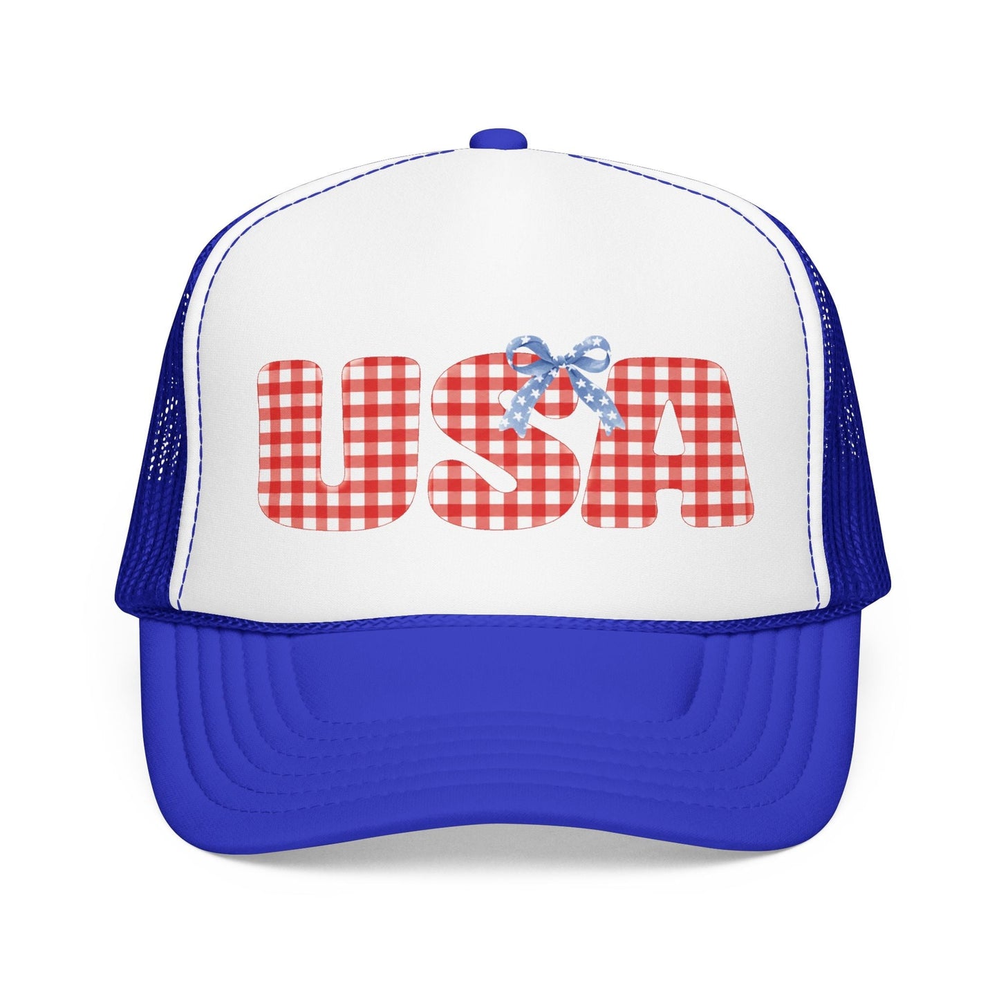 USA Gingham Trucker Hat — Patriotic Foam Cap with Bow Hats Printify Royal / White / Royal One size 