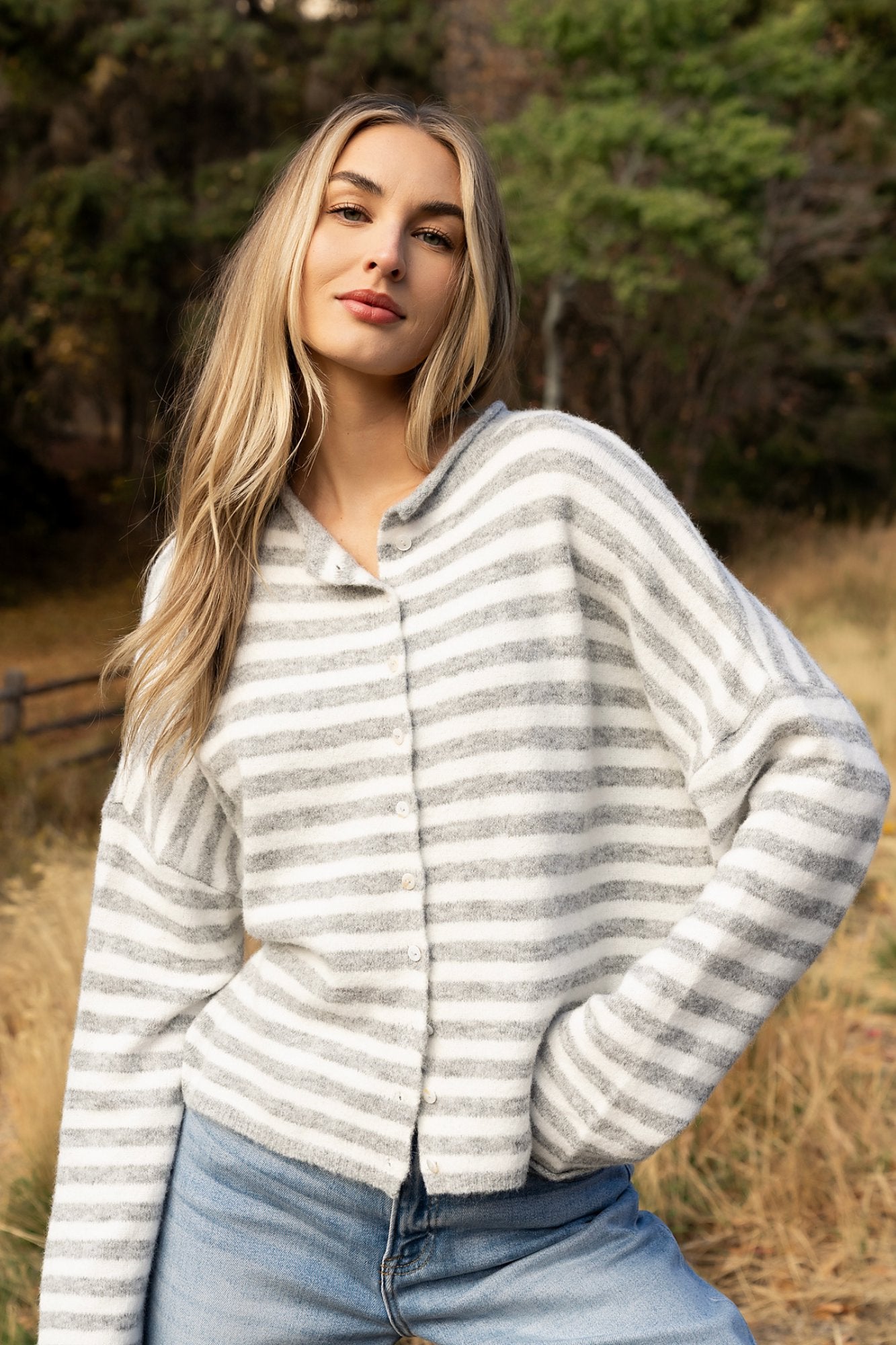 Evanston Cardigan in Grey Stripe Clothing Holley Girl 