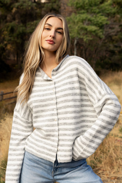 Evanston Cardigan in Grey Stripe Clothing Holley Girl 
