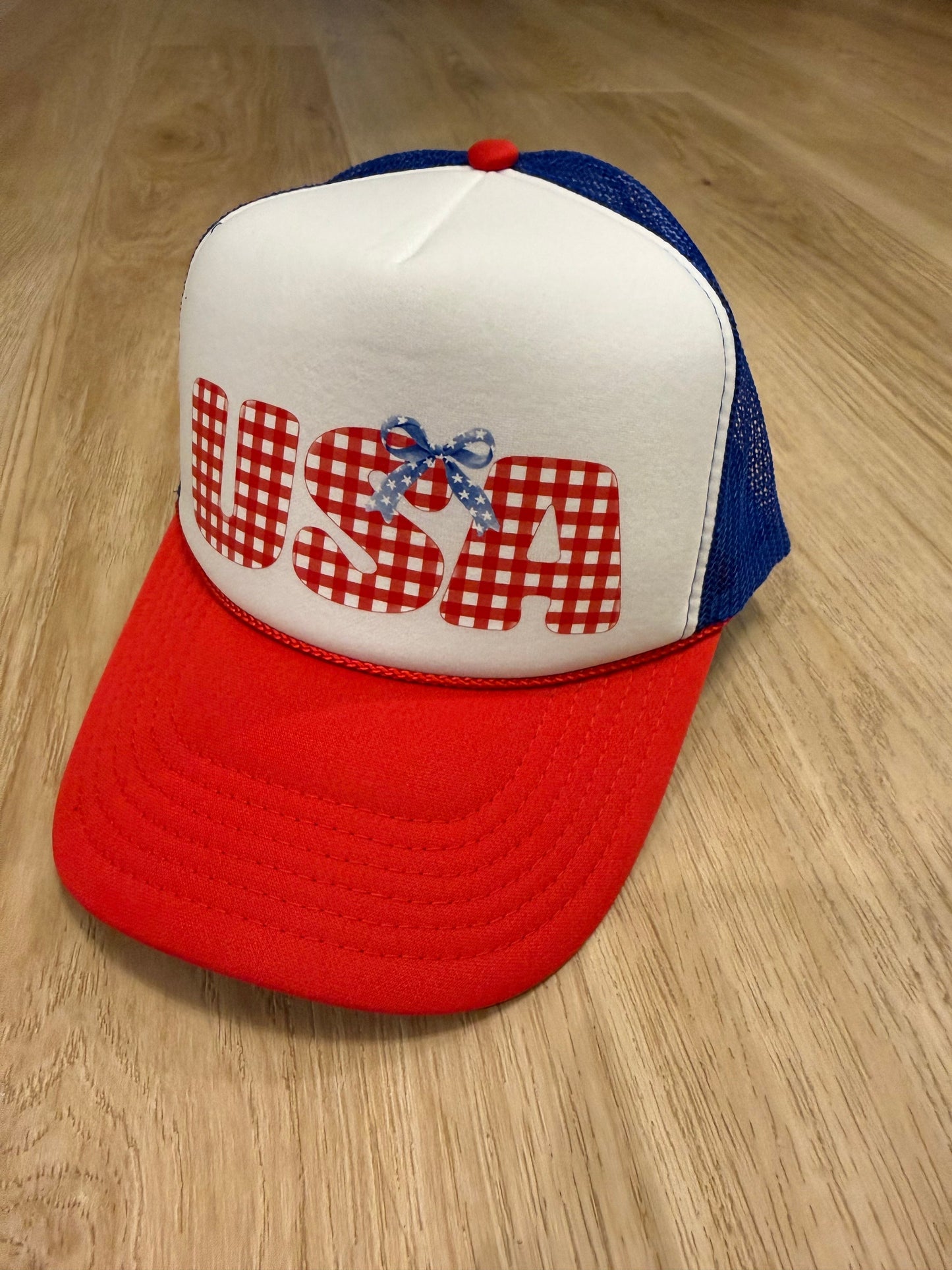 USA Gingham Trucker Hat — Patriotic Foam Cap with Bow Hats Printify 