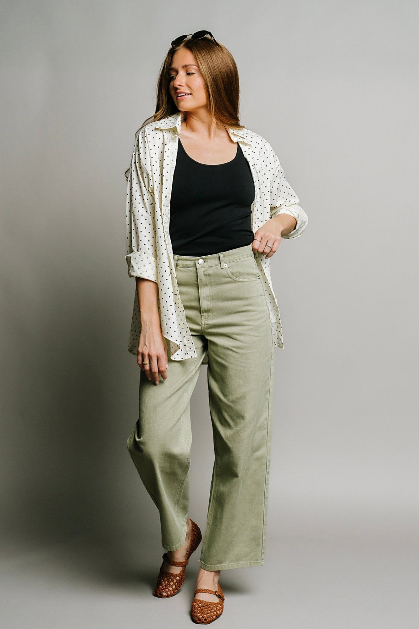 Polka Dot Button Up in Cream Clothing Holley Girl 