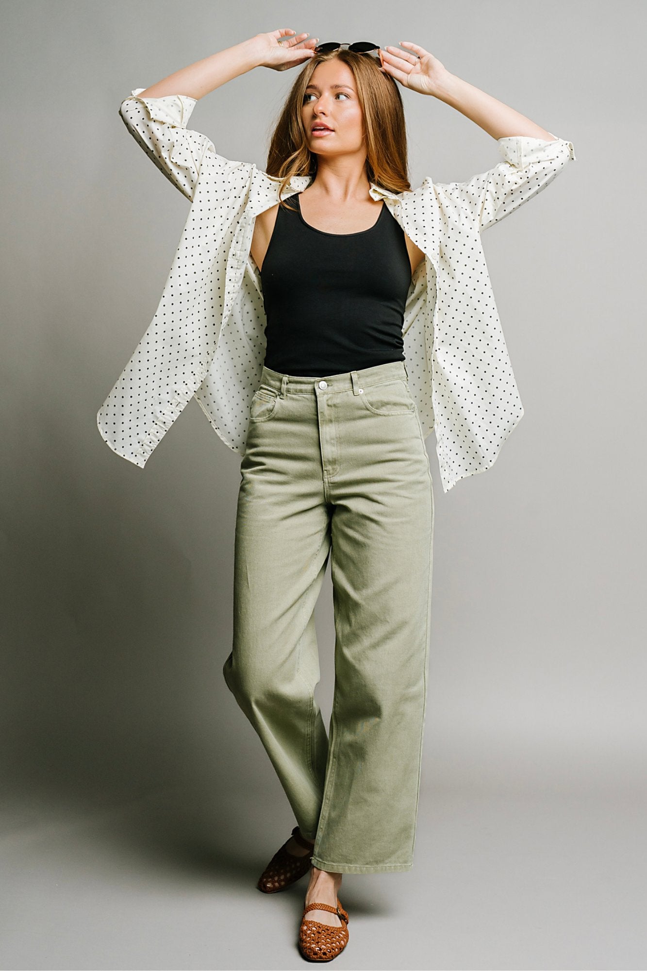 Polka Dot Button Up in Cream Clothing Holley Girl 