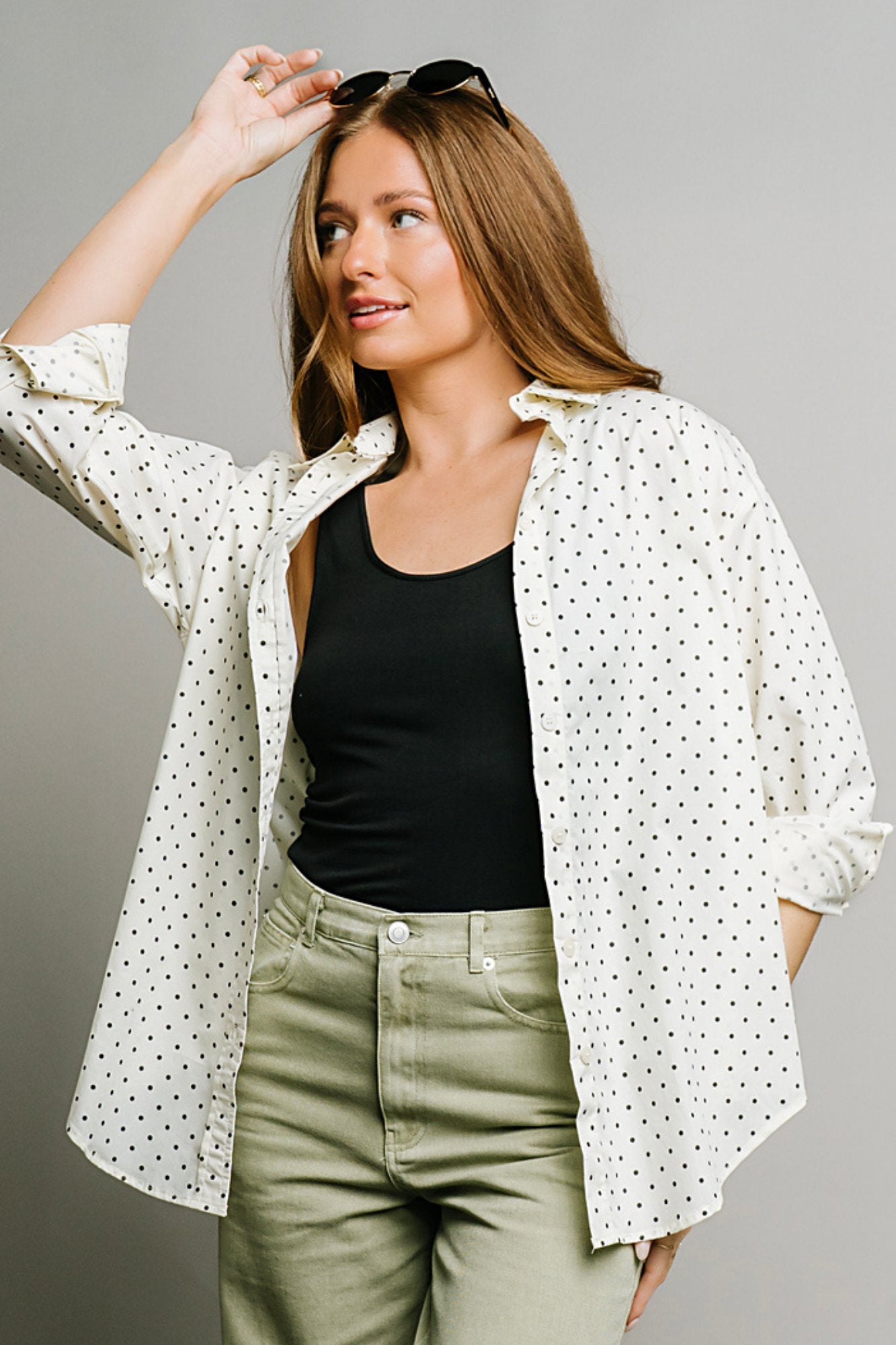 Polka Dot Button Up in Cream Clothing Holley Girl 