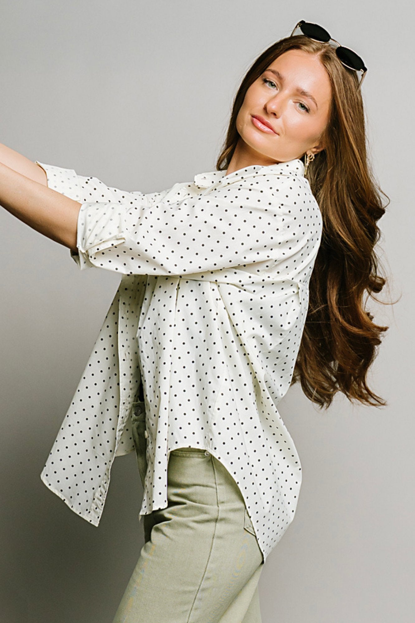 Polka Dot Button Up in Cream Clothing Holley Girl 