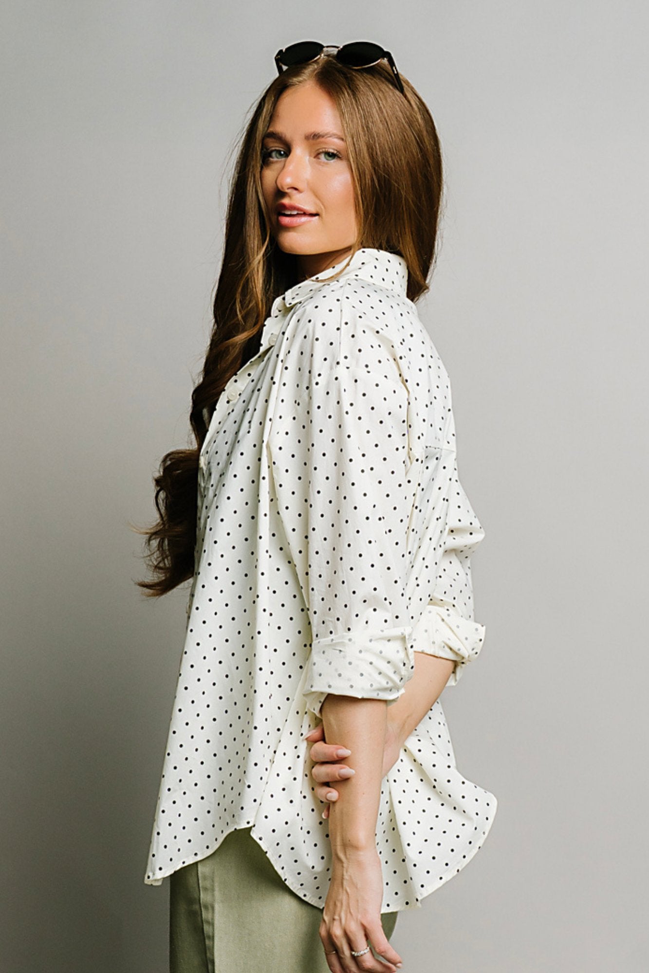 Polka Dot Button Up in Cream Clothing Holley Girl 