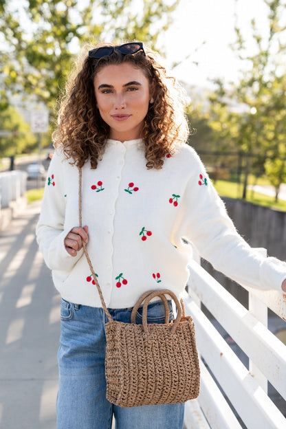 Evanston Cardigan in Cream Cherries Clothing Holley Girl 