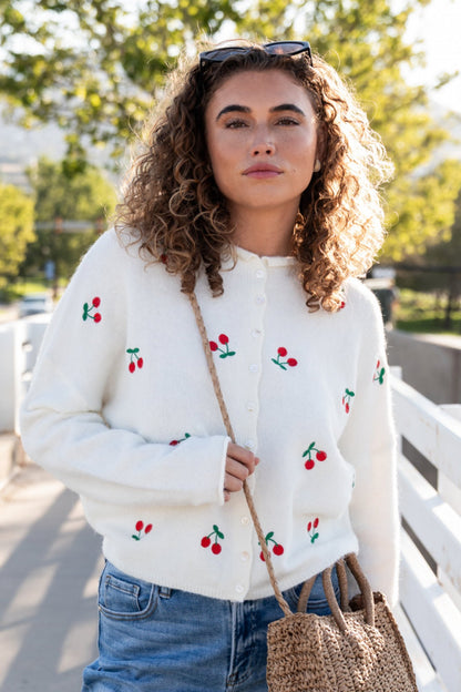 Evanston Cardigan in Cream Cherries Clothing Holley Girl 