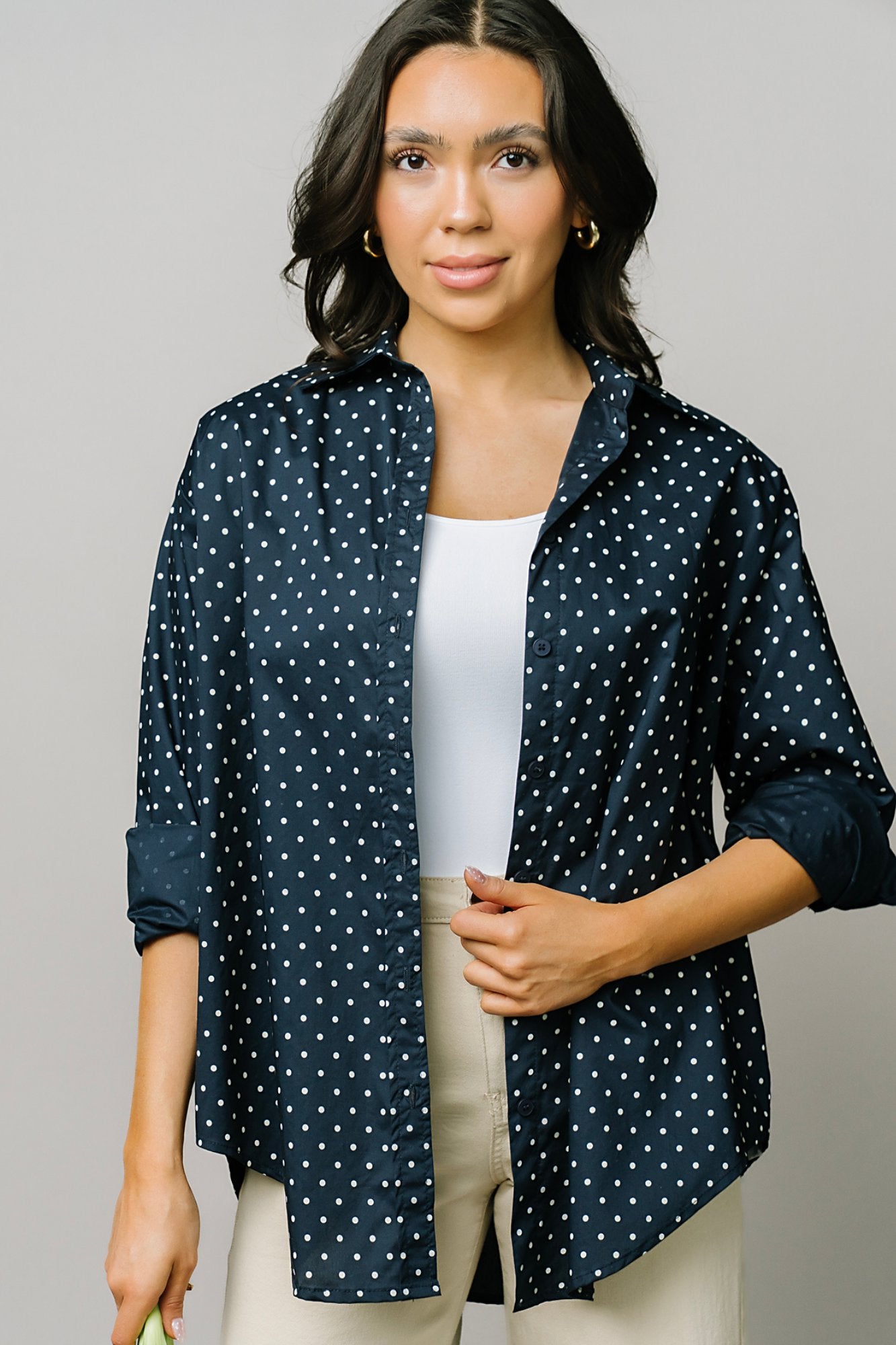 Polka Dot Button Up in Navy Clothing Holley Girl 