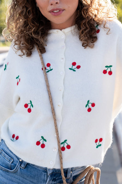 Evanston Cardigan in Cream Cherries Clothing Holley Girl 