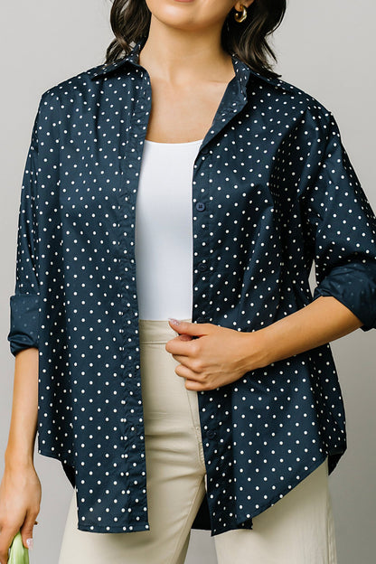 Polka Dot Button Up in Navy Clothing Holley Girl 