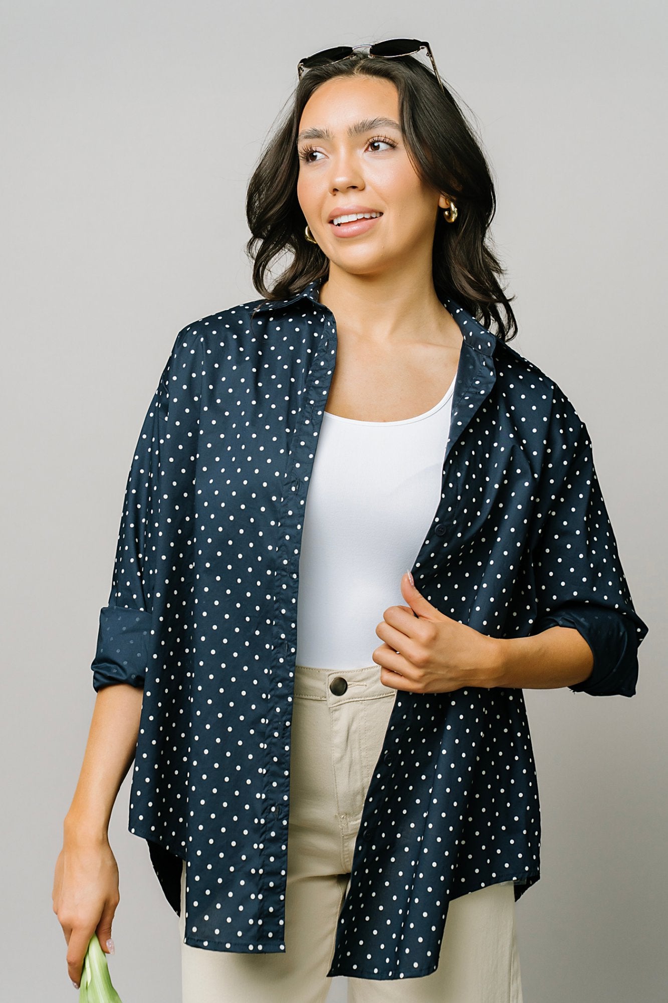 Polka Dot Button Up in Navy Clothing Holley Girl 