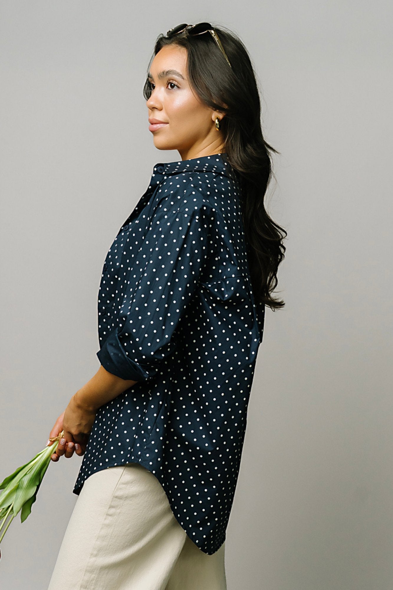 Polka Dot Button Up in Navy Clothing Holley Girl 