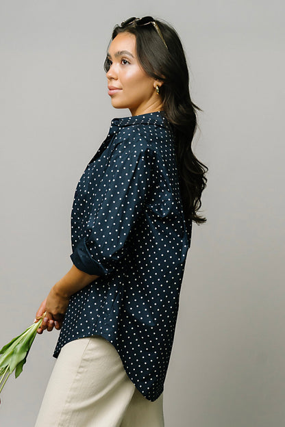 Polka Dot Button Up in Navy Clothing Holley Girl 