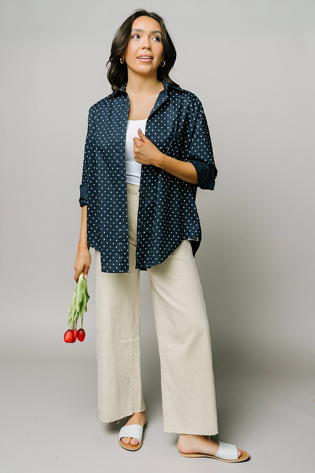 Polka Dot Button Up in Navy Clothing Holley Girl 