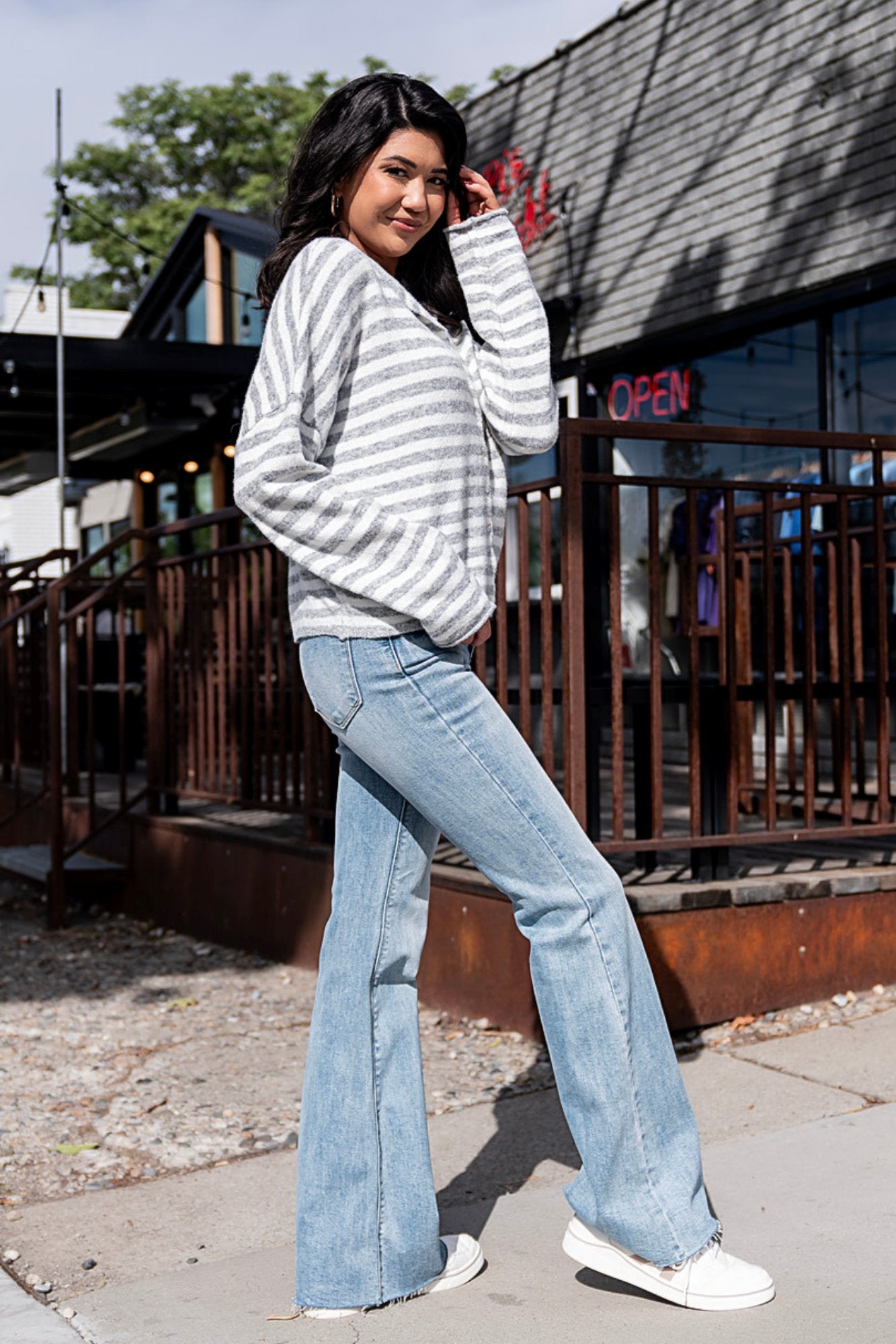 Evanston Cardigan in Grey Stripe Clothing Holley Girl 