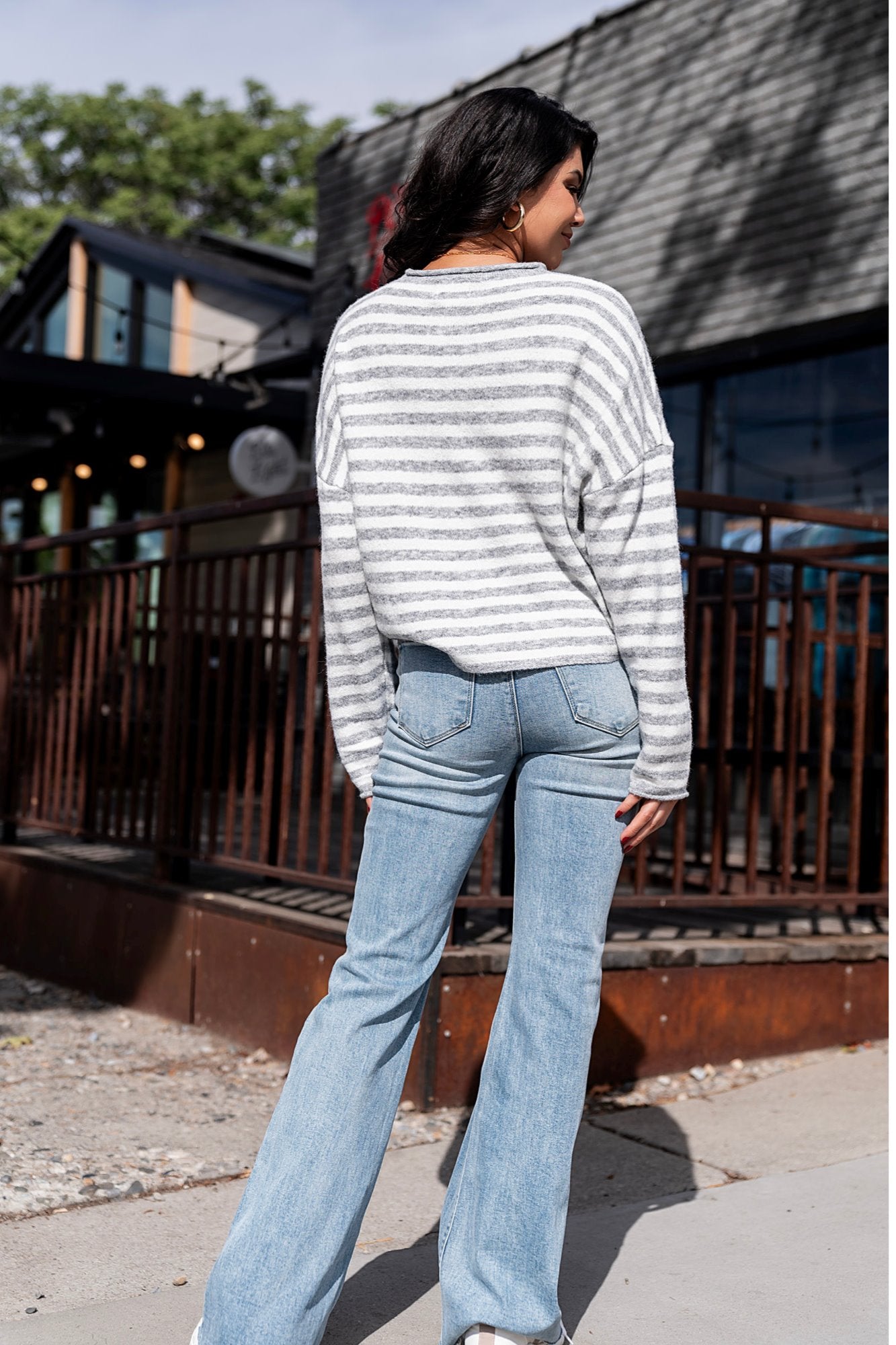 Evanston Cardigan in Grey Stripe Clothing Holley Girl 