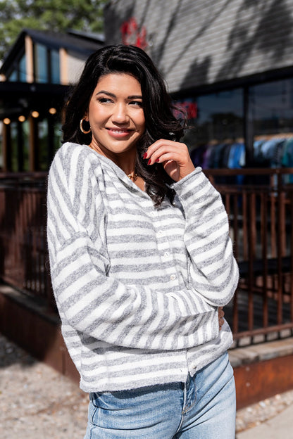 Evanston Cardigan in Grey Stripe Clothing Holley Girl 