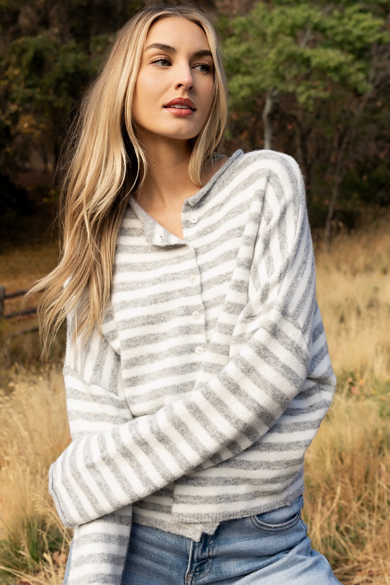 Evanston Cardigan in Grey Stripe Clothing Holley Girl 