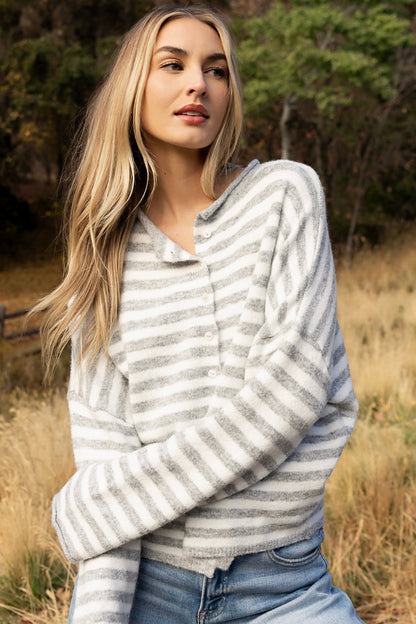 Evanston Cardigan in Grey Stripe Clothing Holley Girl 