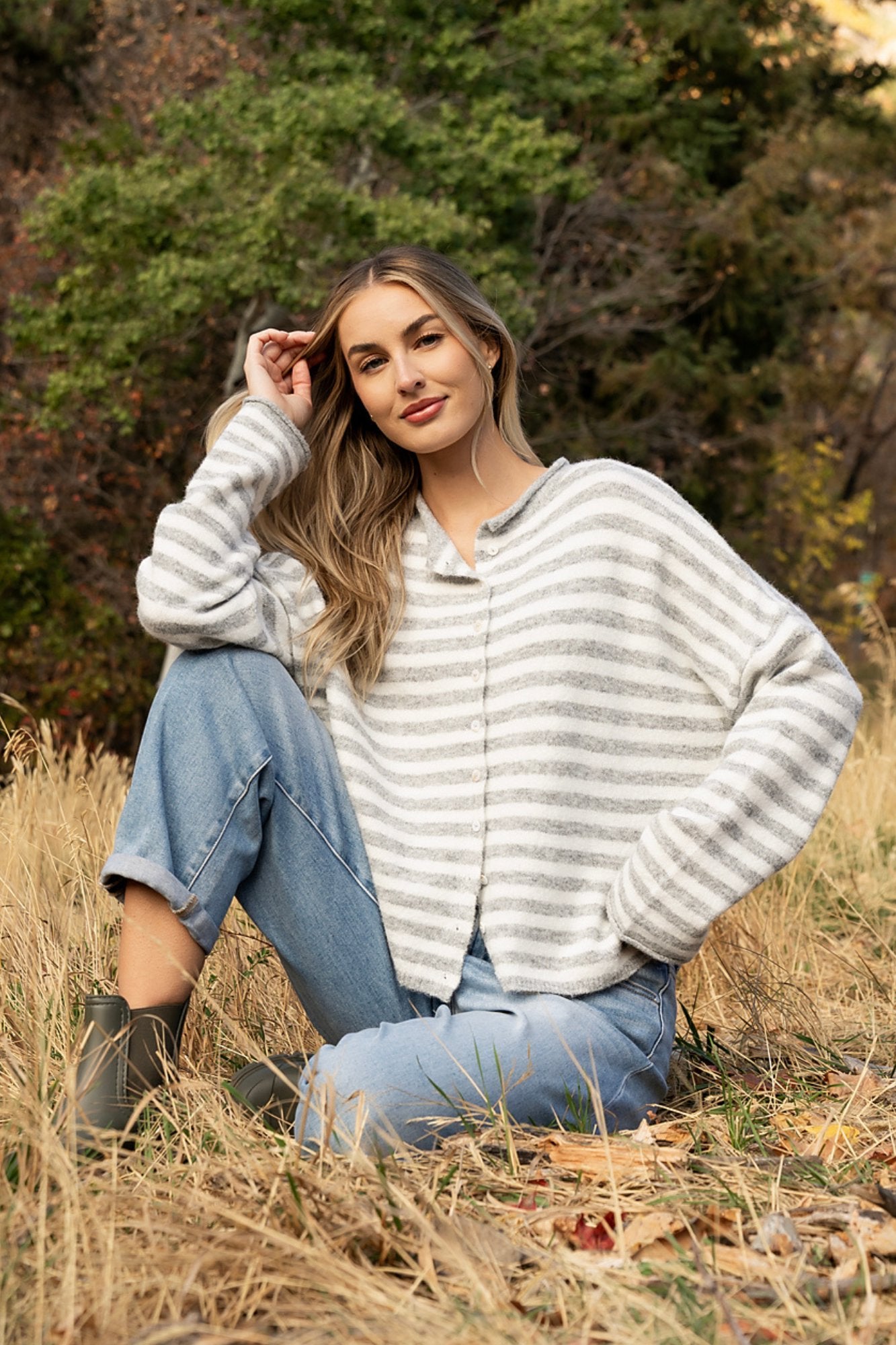 Evanston Cardigan in Grey Stripe Clothing Holley Girl 