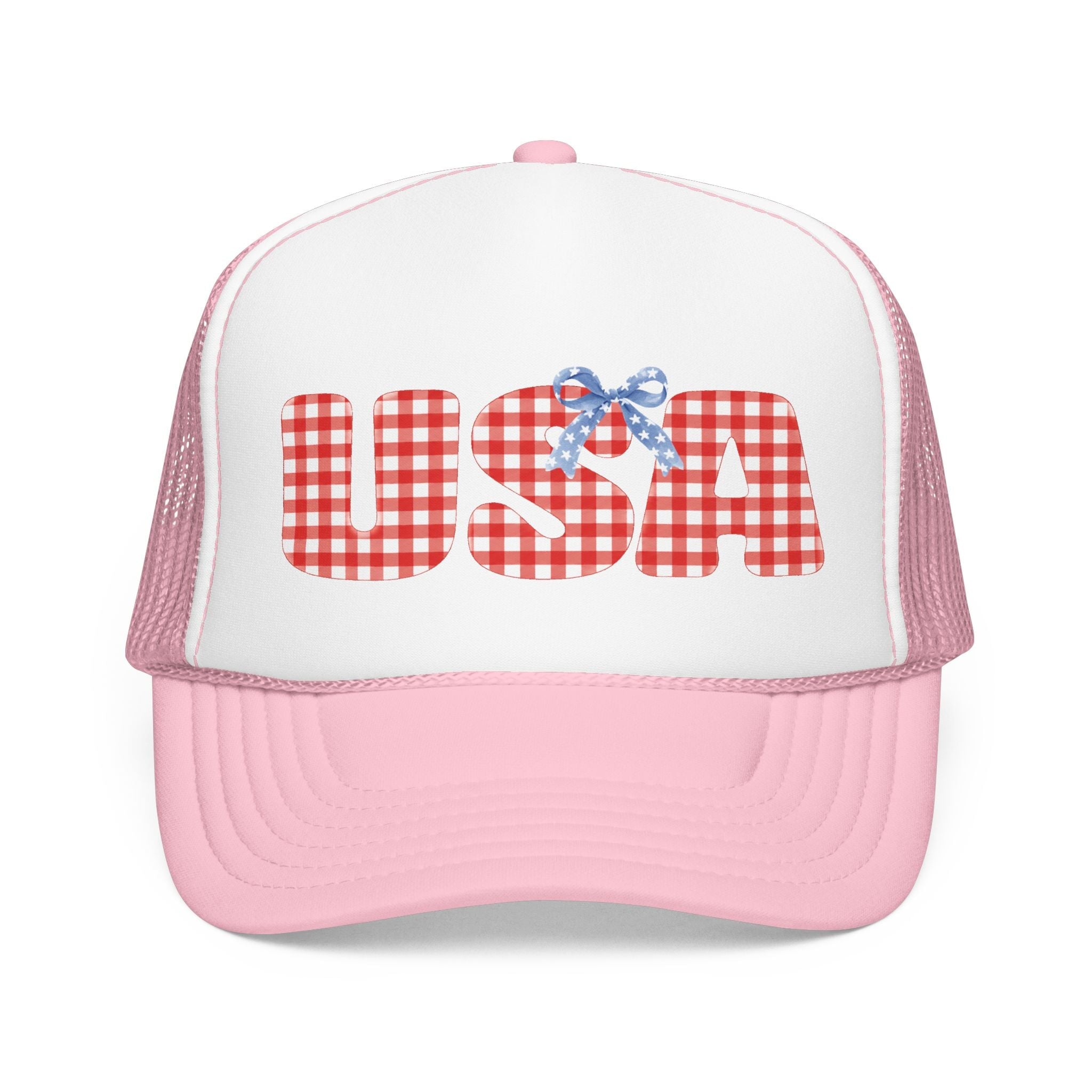 USA Gingham Trucker Hat — Patriotic Foam Cap with Bow Hats Printify Light Pink/White One size 
