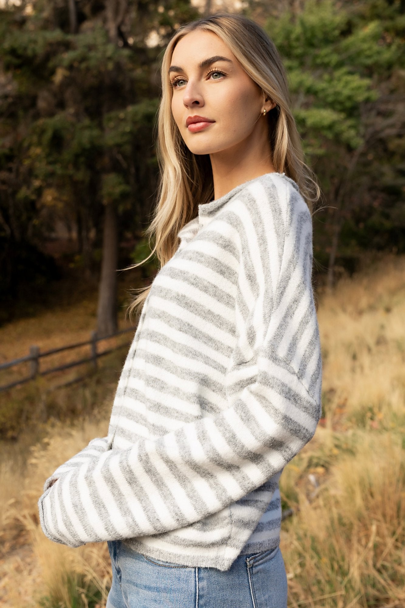 Evanston Cardigan in Grey Stripe Clothing Holley Girl 