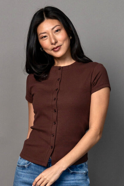 Talia Button Up Tee in Cocoa Clothing Holley Girl 