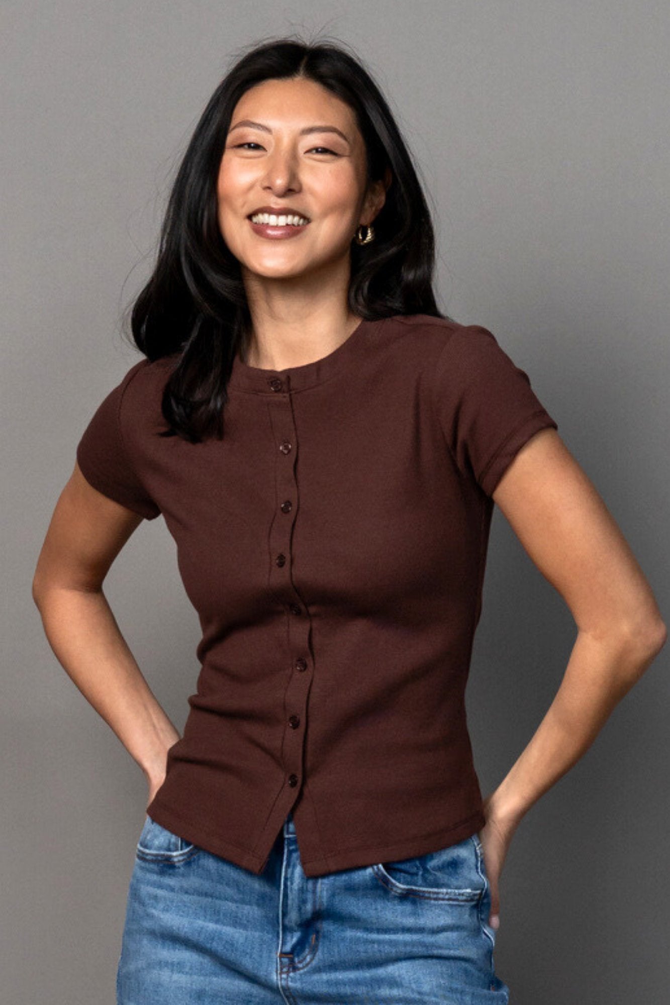 Talia Button Up Tee in Cocoa Clothing Holley Girl 