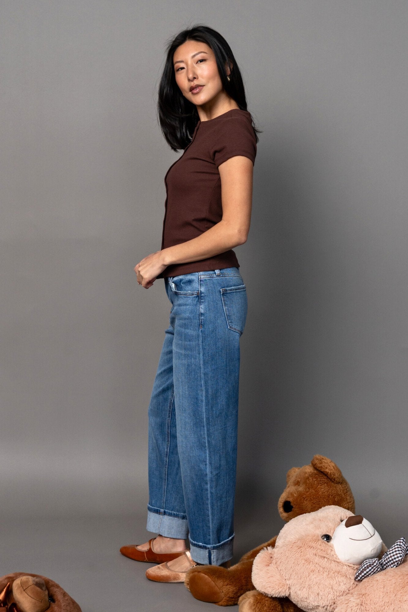 Talia Button Up Tee in Cocoa Clothing Holley Girl 