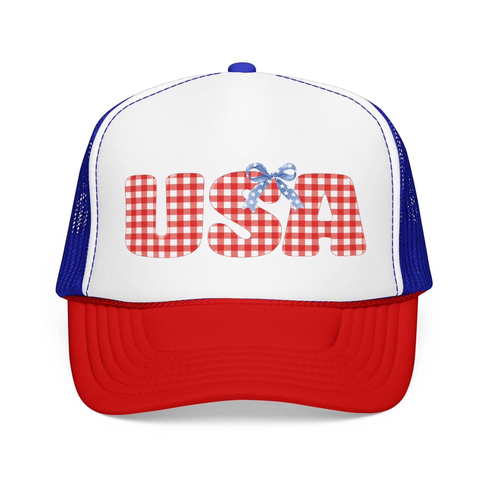 USA Gingham Trucker Hat — Patriotic Foam Cap with Bow Hats Printify 