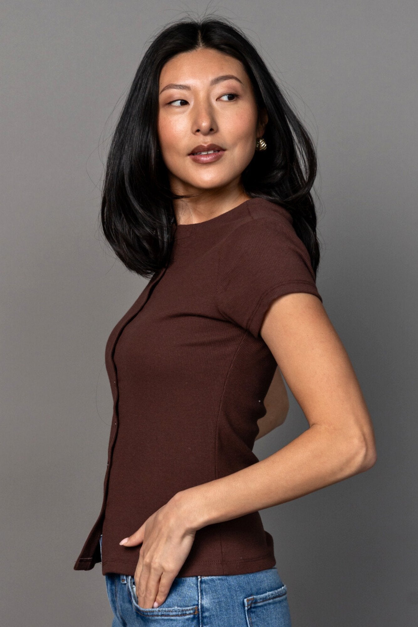 Talia Button Up Tee in Cocoa Clothing Holley Girl 