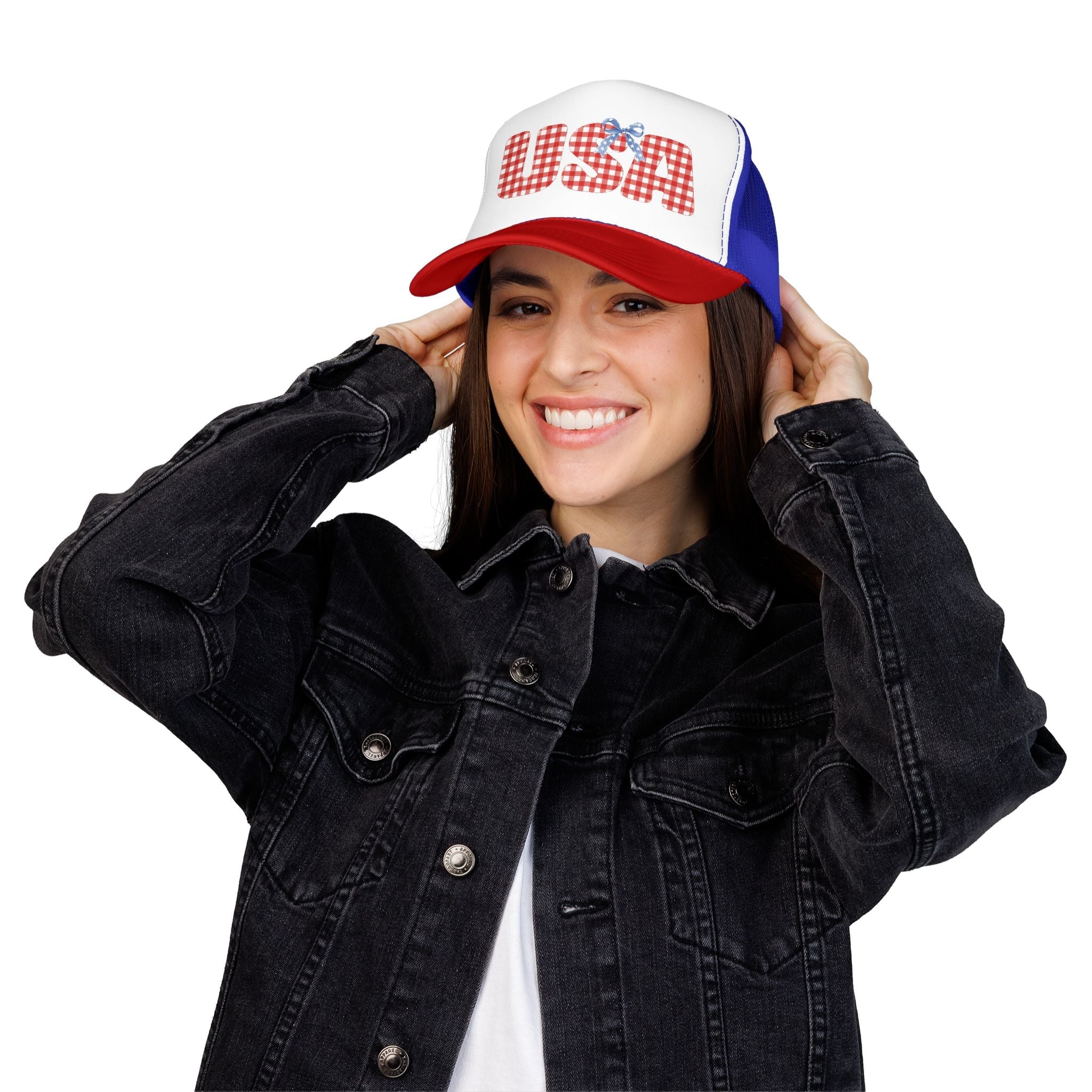 USA Gingham Trucker Hat — Patriotic Foam Cap with Bow Hats Printify Red / White / Royal One size 
