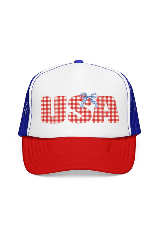 USA Gingham Trucker Hat Hats Printify 