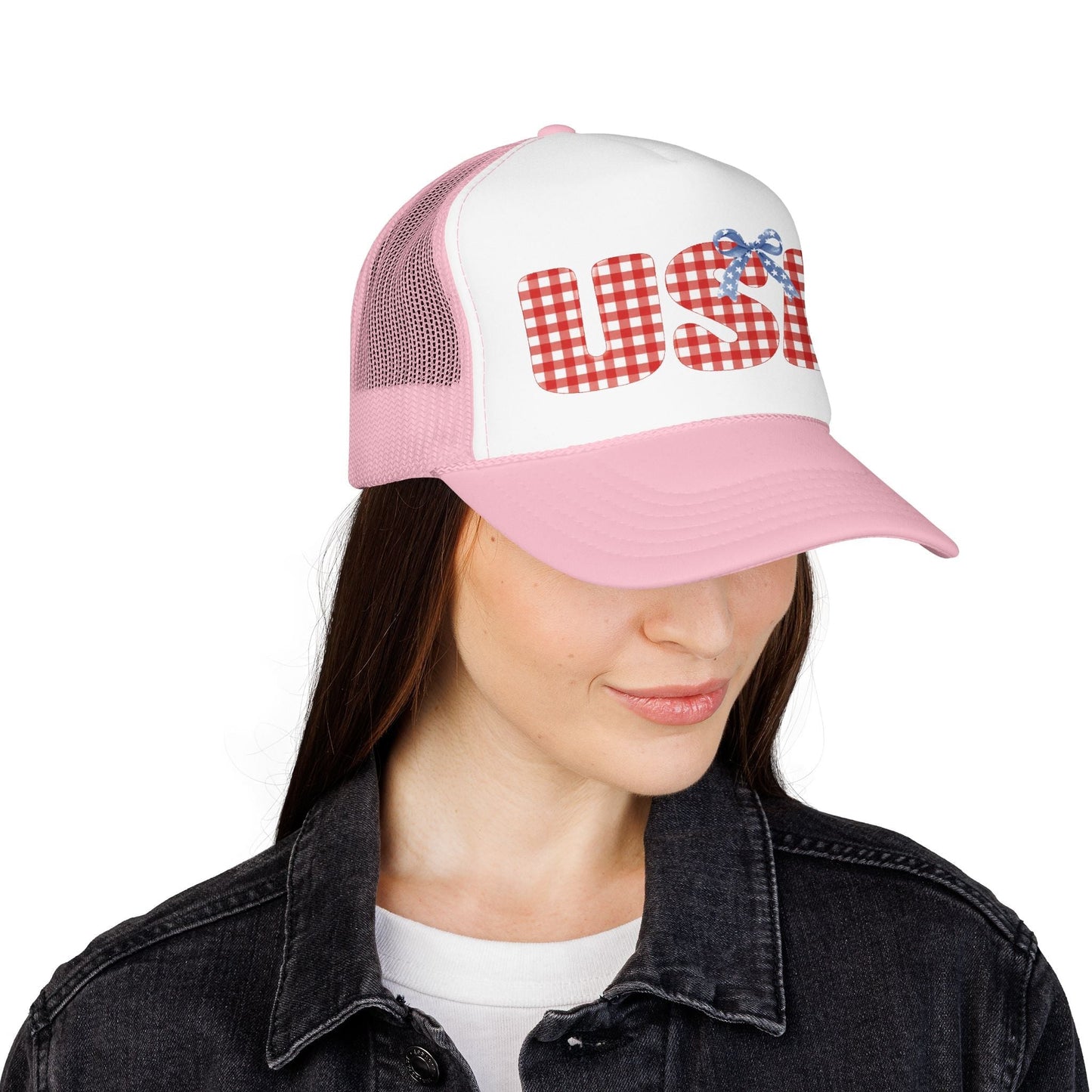 USA Gingham Trucker Hat — Patriotic Foam Cap with Bow Hats Printify 