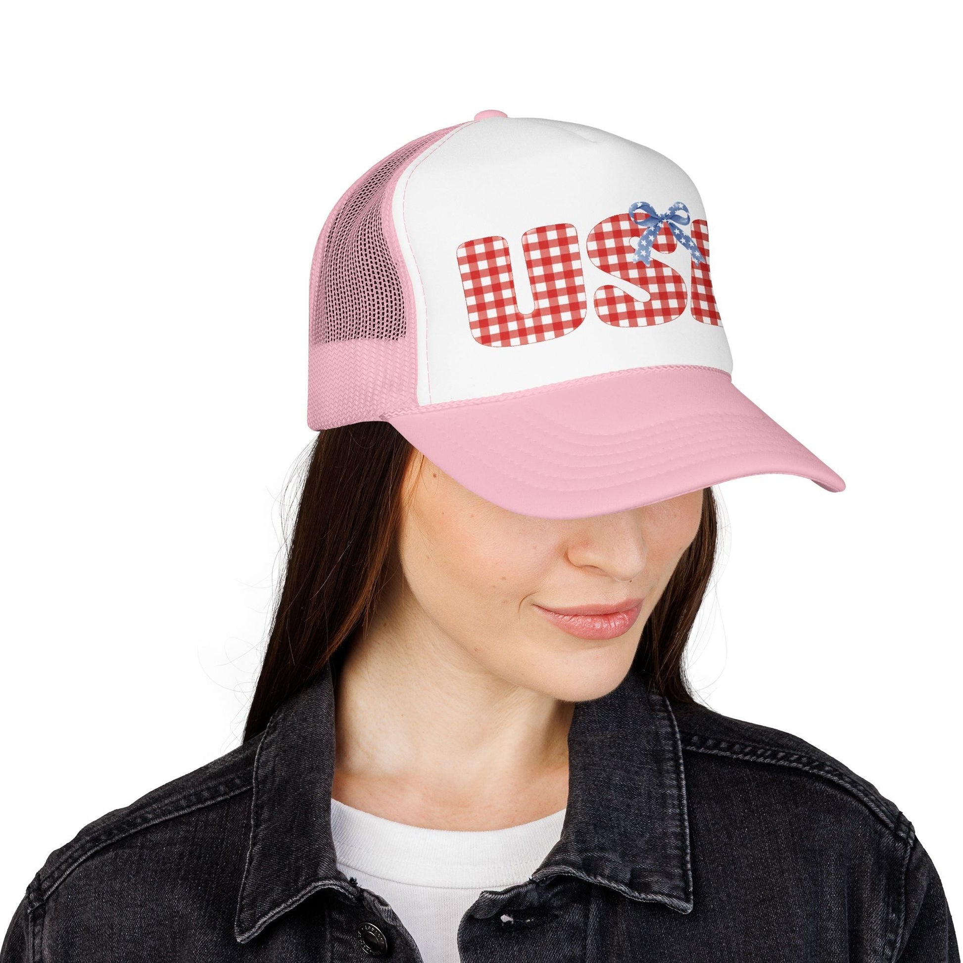 USA Gingham Trucker Hat — Patriotic Foam Cap with Bow Hats Printify 