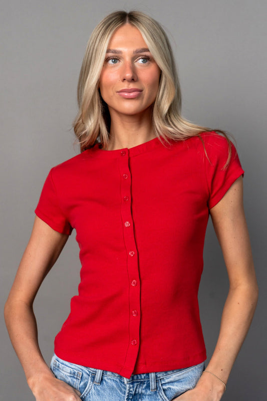 Talia Button Up Tee in Ruby Clothing Holley Girl 